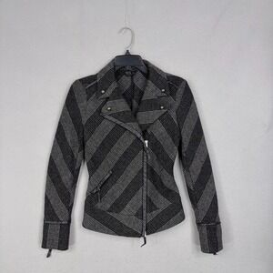 Stile Benetton Moto Jacket Womens XS Striped Wool Blend Asymmetric Biker Edgy